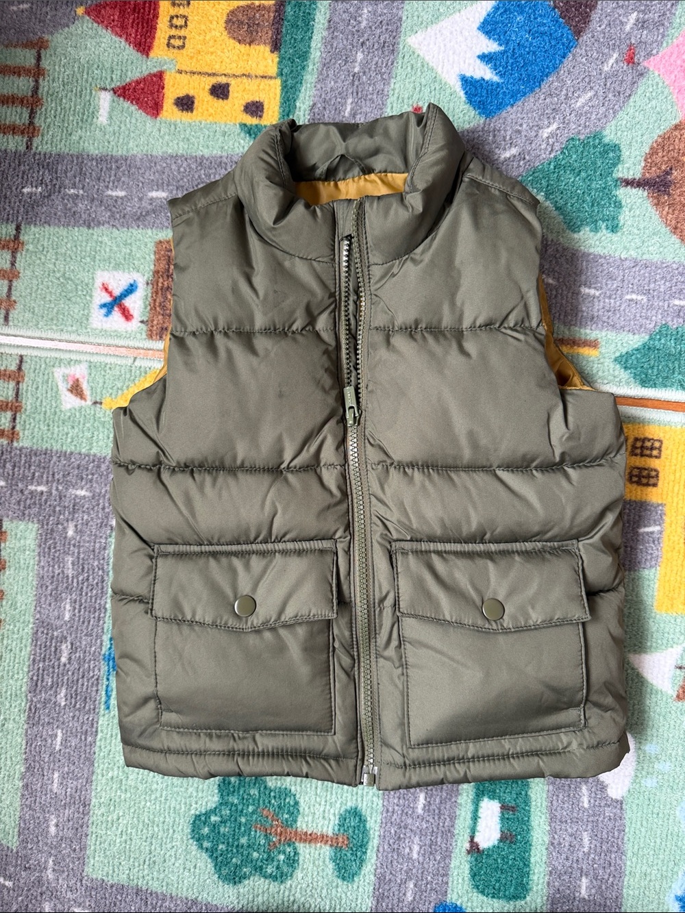 Old Navy Olive Green Quilted Puffer Vest with Mustard Lining